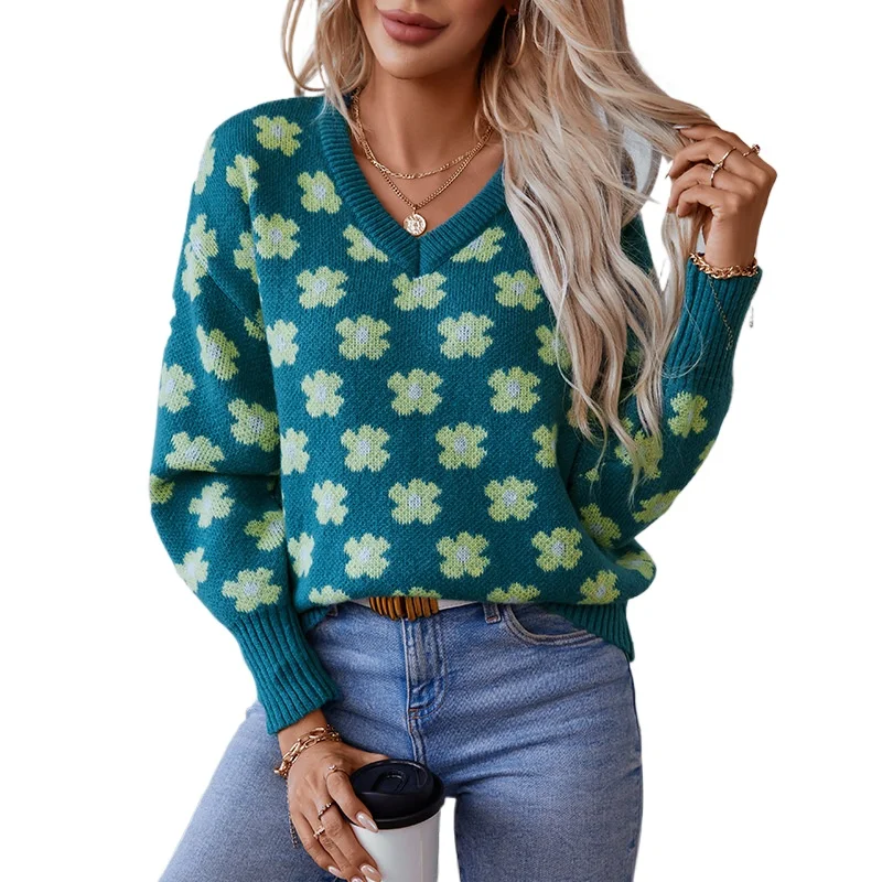 

Женский свитер с V-образным вырезом и цветочным жаккардовым узором, новинка осени и зимы, европейский стиль, повседневный вязаный топ для женщин.