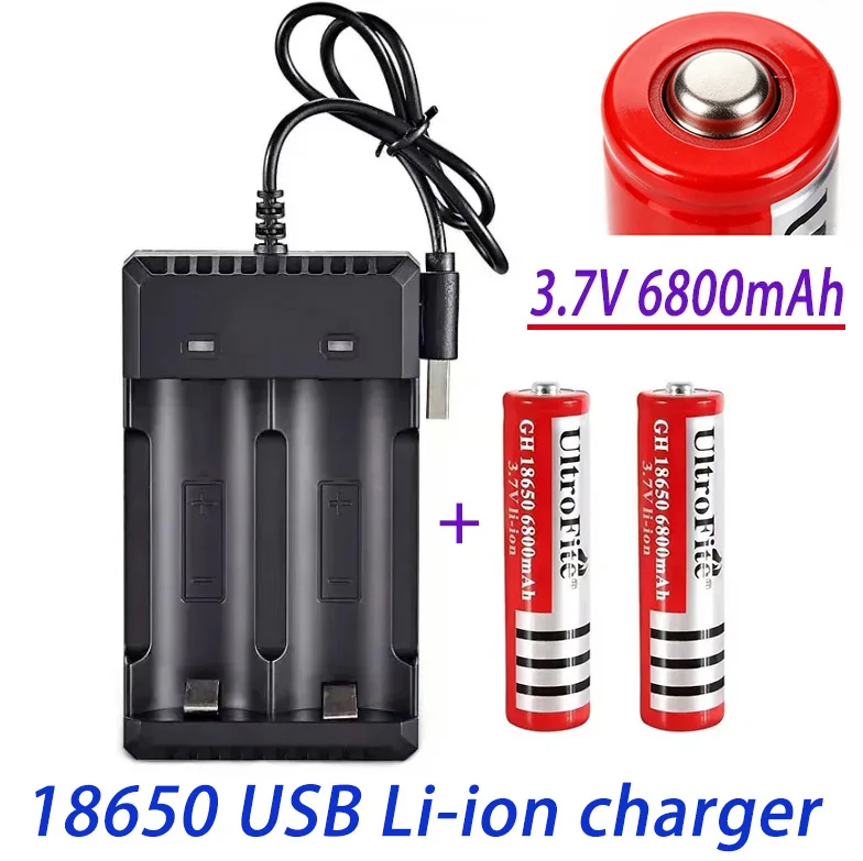100% New  Rechargable Battery 18650 3.7 V 6800mAh Battery for LED Lantern torch+USB Charger