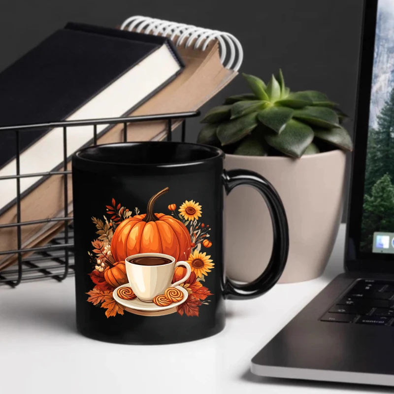 Ceramic coffee cup with black autumn pumpkin and flower design, suitable for autumn coffee time