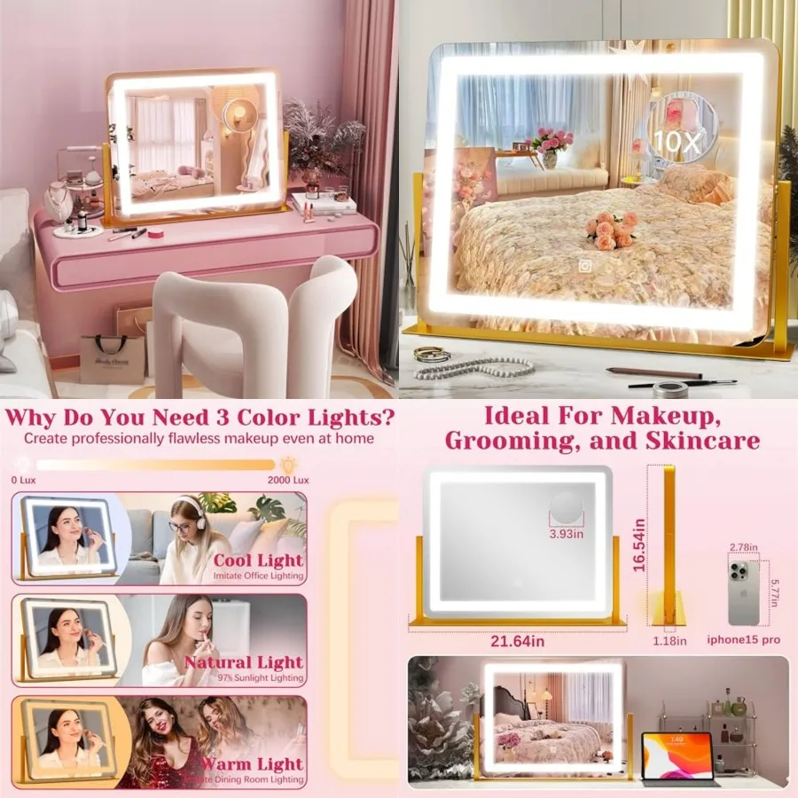 

Large Hollywood Makeup Mirror with Lights, 22" x 17" Lighted Vanity Mirror, 3 Color Lighting Modes and Dimmable LED, Plug-in De