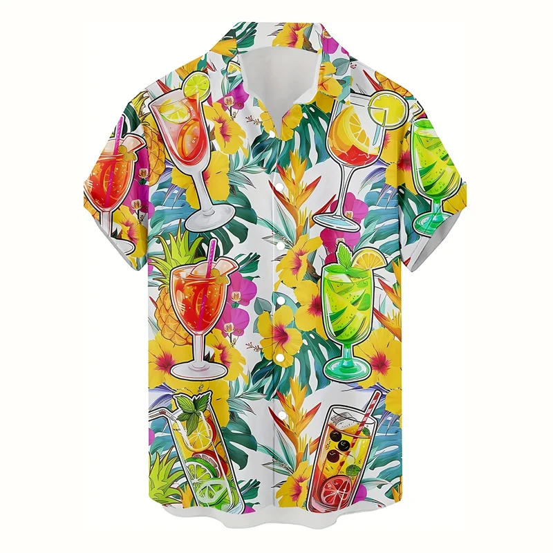 Colorful 3d Printed Cocktail Beer Hawaiian Shirt For Men Food Hamburger Graphic Short Sleeves Tops Summer Beach Button Blouse