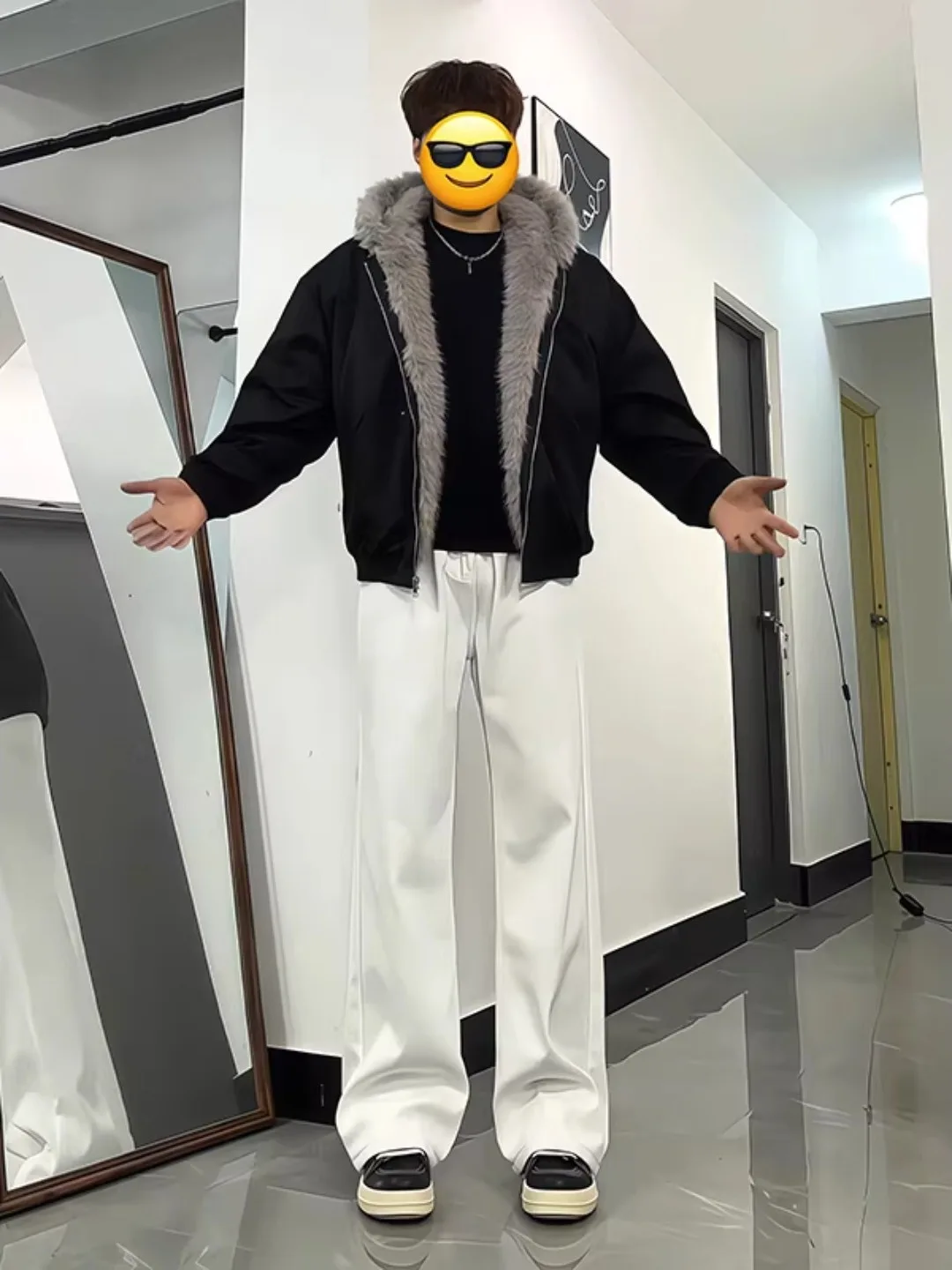 

White Fce Lined Skinny Jeans Men's Winter Long Leg Lengthening Micro Flared Pants American High Street Vibe Straight Leg J...