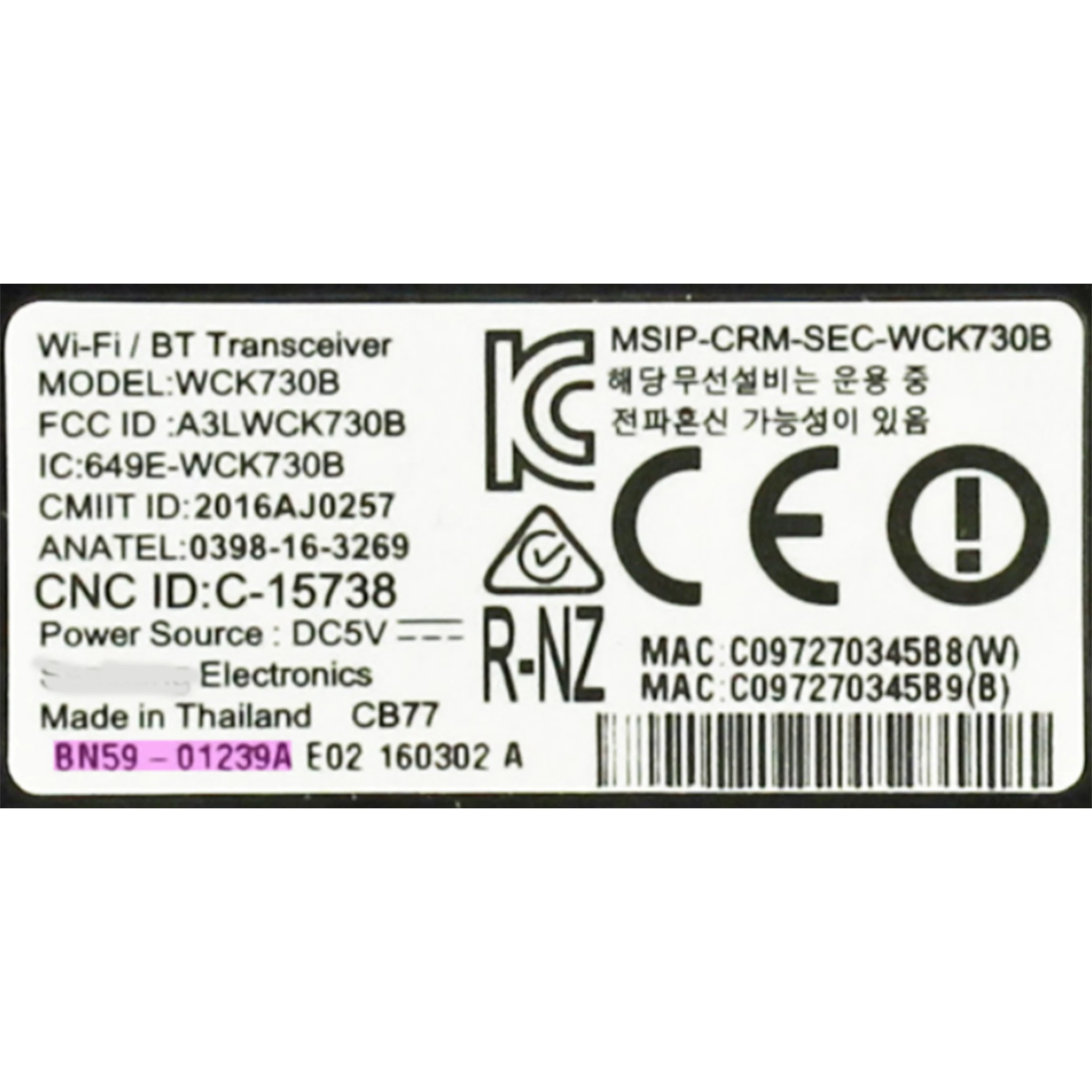 Original Wi-Fi Module BN59-01239A WCK730B A3LWCK730B for UA49KS7000 UA55KS8500 UA55KS9500 UE43KU7500 UN65KS800D BN5901239A TV