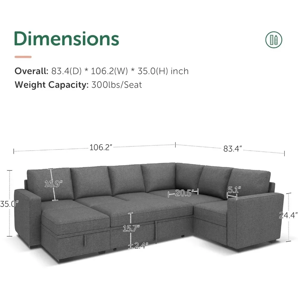 Modular Sectional Sleeper Sofa with Pull Out Bed, U Shaped Sectional Couch with Storage Ottoman Convertible 7-Seater Sofa