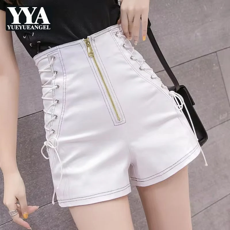 Women Punk Style Fashion Zipper Lace Up Denim Shorts Ladies Streetwear Black White High Waist Slim Fit Summer Jeans Short Female