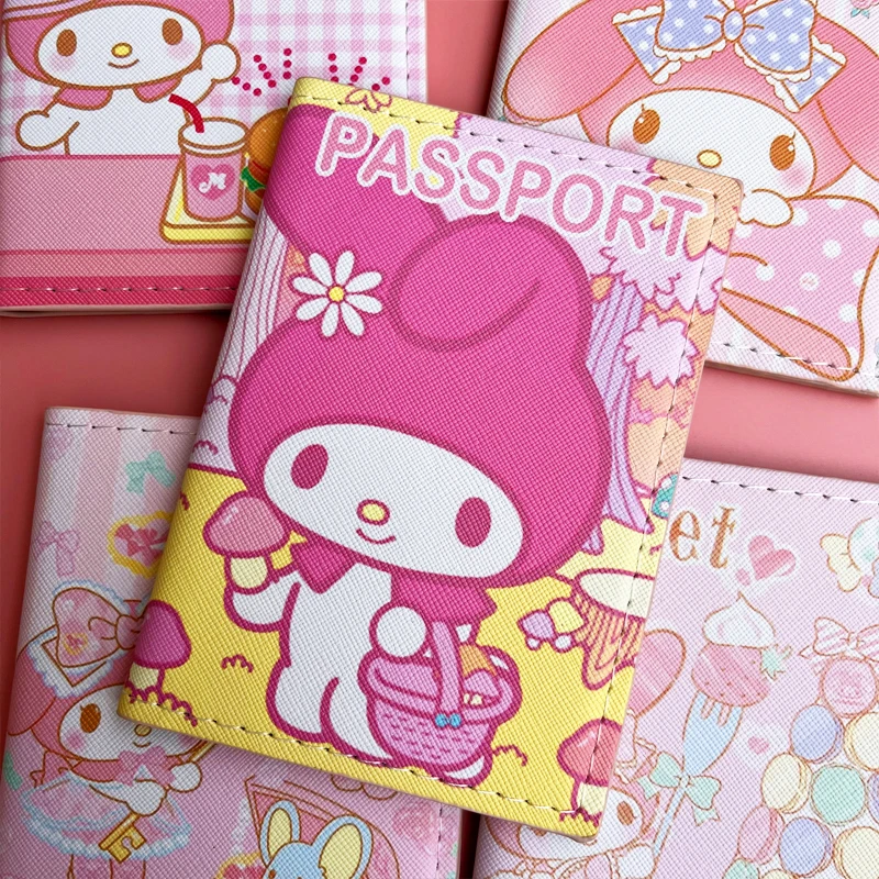 Sanrio MY Melody Passport Cover Girls Travel Passport Holder PU Leather Function Business Card Case For Women ID Card Holder