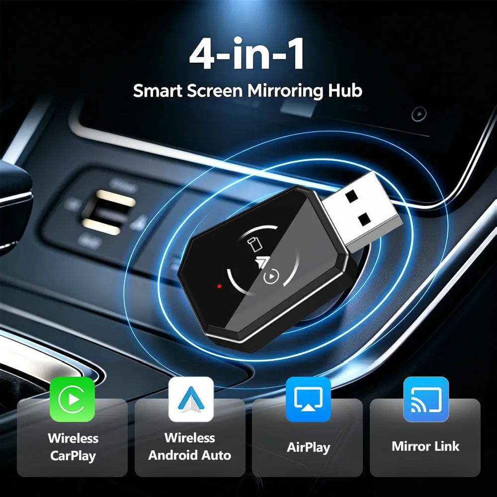 

2026 New 4-in-1 Bluetooth CarPlay Adapter, Wireless Screen Mirroring to Car Stereo, Plug & Play for Wired Carplay Cars