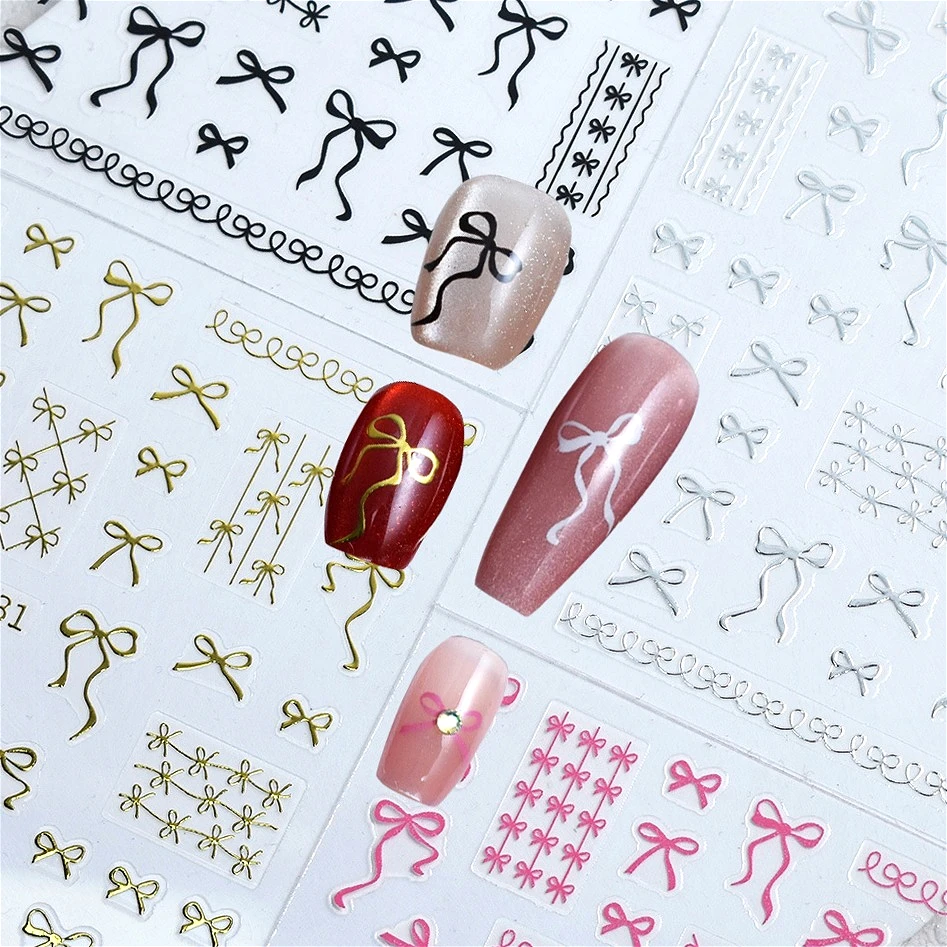 

Colorful Bowknot Tie Blue Pink White Black Line Lace Gird Flat Tender Self Adhesive Nail Art Decoration Sticker Manicure Decals