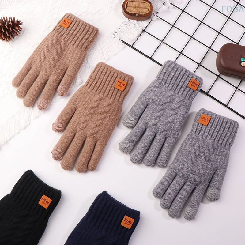 Men's Warm Full Finger Gloves Winter Touchscreen Plus Fleece Gloves Woman Thickening Wool Knitted Cycling Driving Gloves