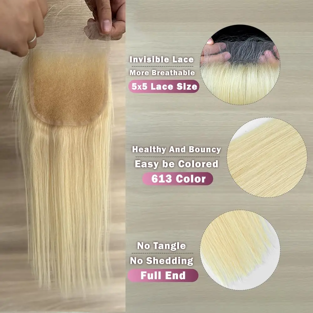 12-18 インチ 613 ブロンド 5x5 レース閉鎖ストレート人毛レース部分ブラジルバージンヘア 150% 密度フルエンド