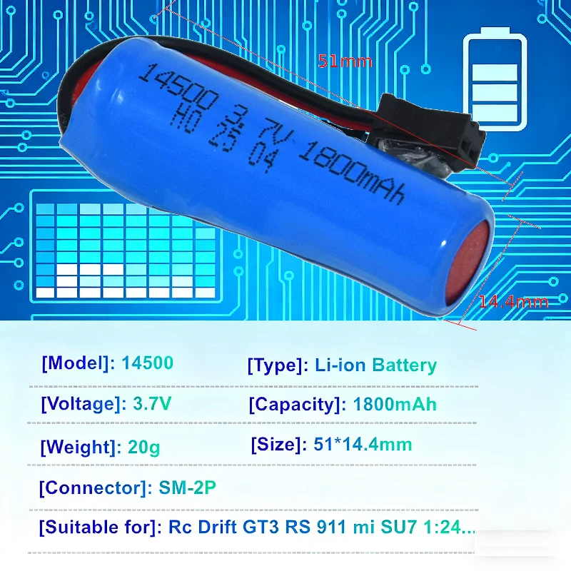 3.7V 14500/18500 Li-ion Battery SM-2P Plug Spare Parts For Remote Control Excavator Dump Truck RC Engineering Vehicle Toy