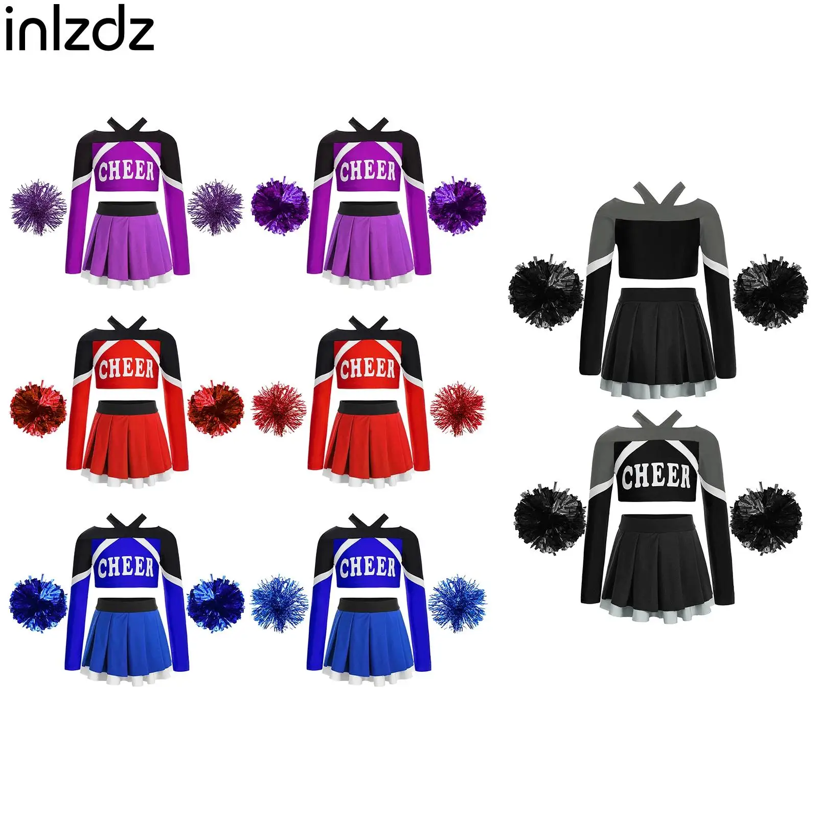 

Girls Cheerleading Dance Set Modern Dance Performance Sets Long Sleeve Dance Costume Crop Top+Pleated Skirt+Flower Balls Outfits