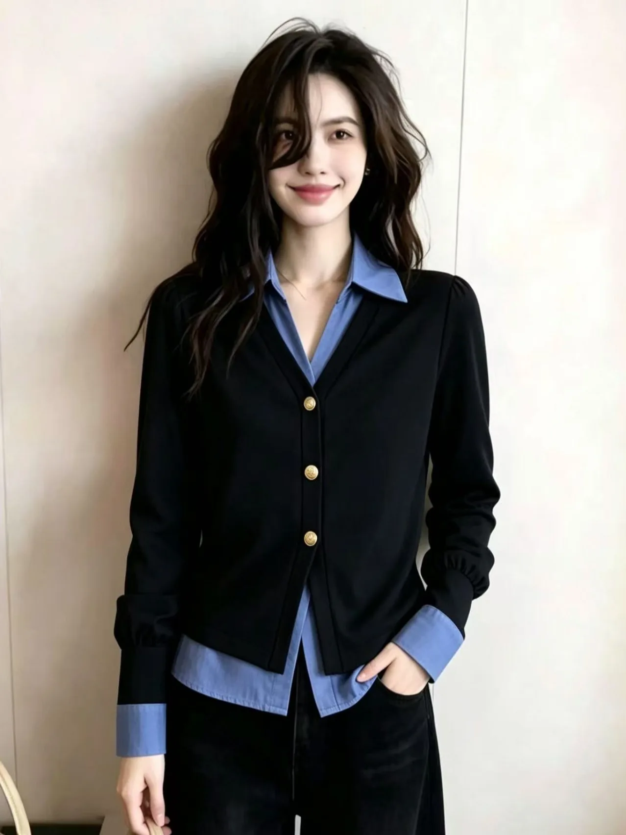Color Block Knitted Long Sleeve Shirt Black And Blue Collar Versatile Elegant Style Fake Two-Piece Design Women's Fashion