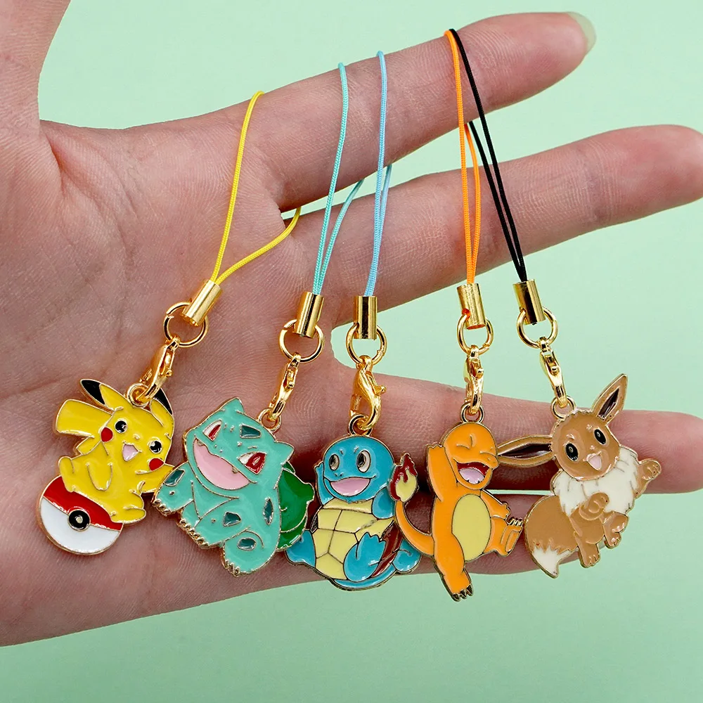 5 Stück Pokemon Pikachu Eevee Metall-Handyanhänger Schlüsselanhänger Charmander Bulbasaur Squirtle Anime Emaille-Handyband Anhänger Geschenk
