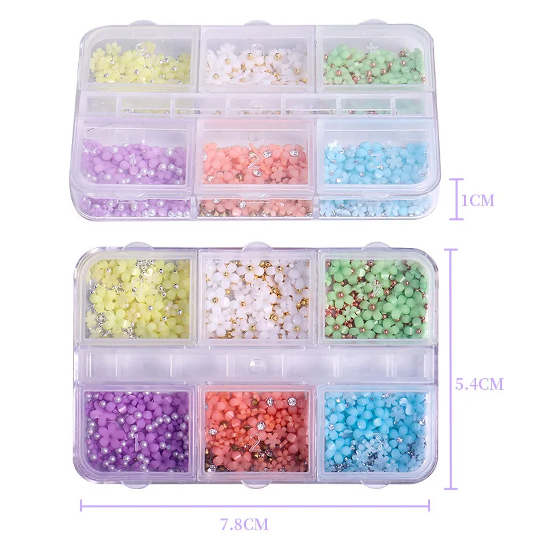 Hot Selling 6 Grids Macaron 3D Resin Five-petal Flowers Nail Art Deaoration Mixed Small Nail Ball/Crystal/Flamer Accessories