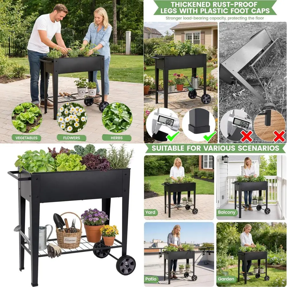 

Высокая металлическая грядка на колесах с дренажем для выращивания овощей и трав (черная)