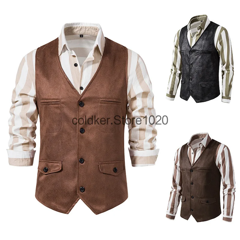 West Cowboy Vest Male Medieval Retro Vest for Men Black Khaki Dark Brown Men\'s Vest for Wedding