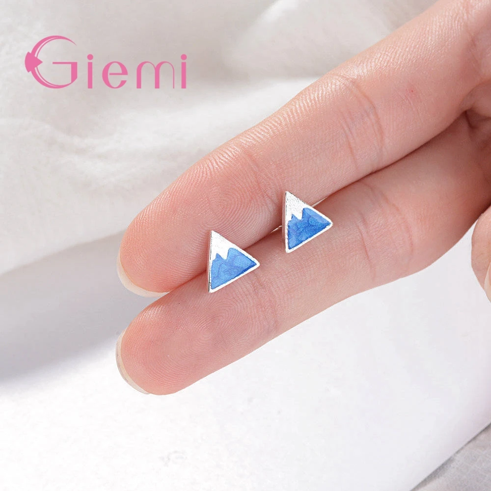 Simple 925 Sterling Silver Triangle Blue Color Stud Earrings for Women Girls Anniversary Wedding Party Fashion Jewelry Gifts