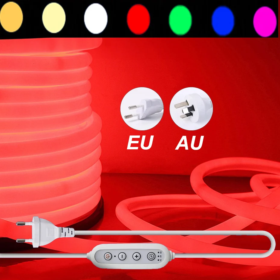 Round LED Neon Strip Light 220V with EU AU Switch Plug Dimmable Led Tube Tape 120LEDs/m Flexible Lamp Ribbon For Room Lighting