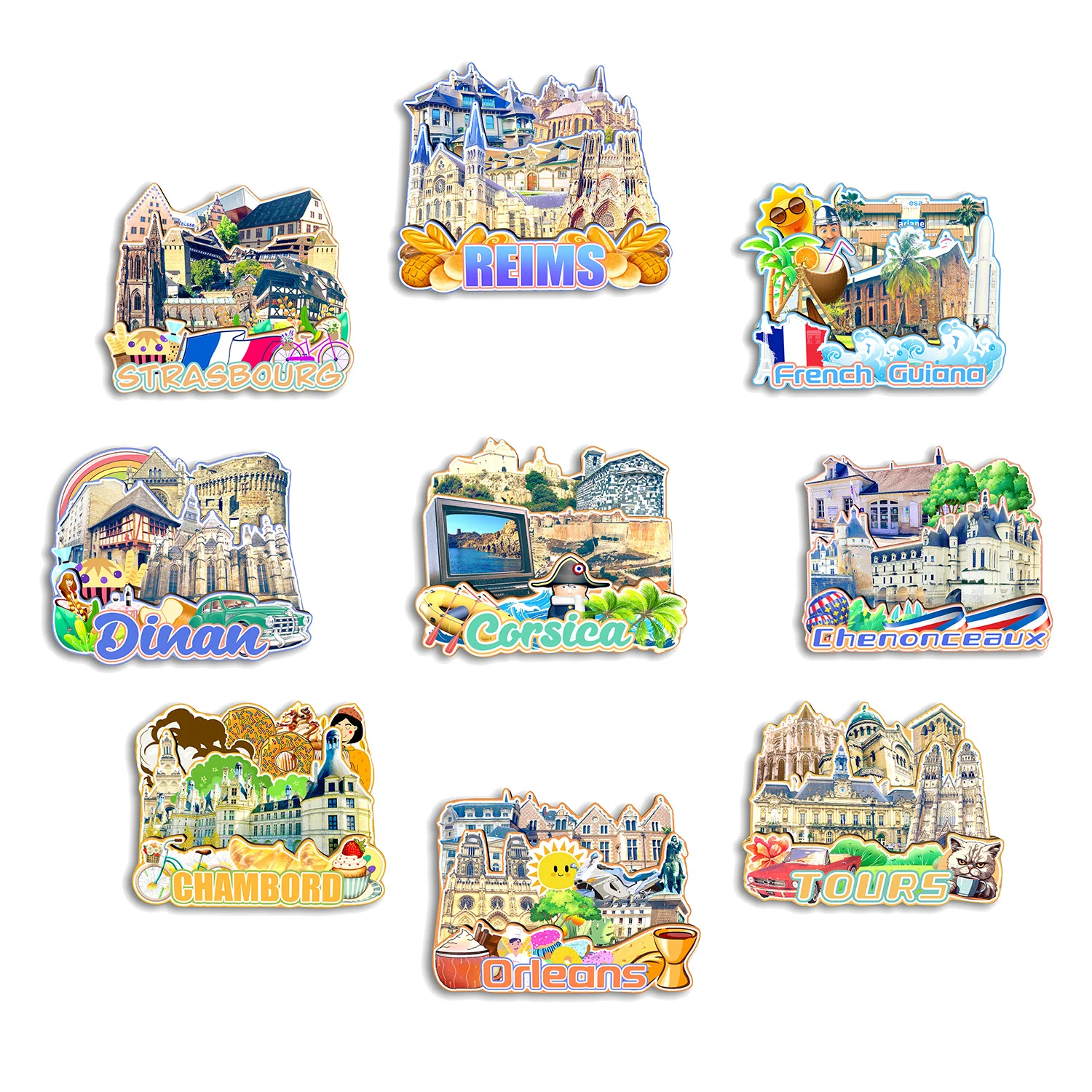 Dinan Tours Orleans Chambord Chenonceaux Corsica Guiana Francesa Estrasburgo Reims Francia imán para nevera regalo de recuerdo de viaje