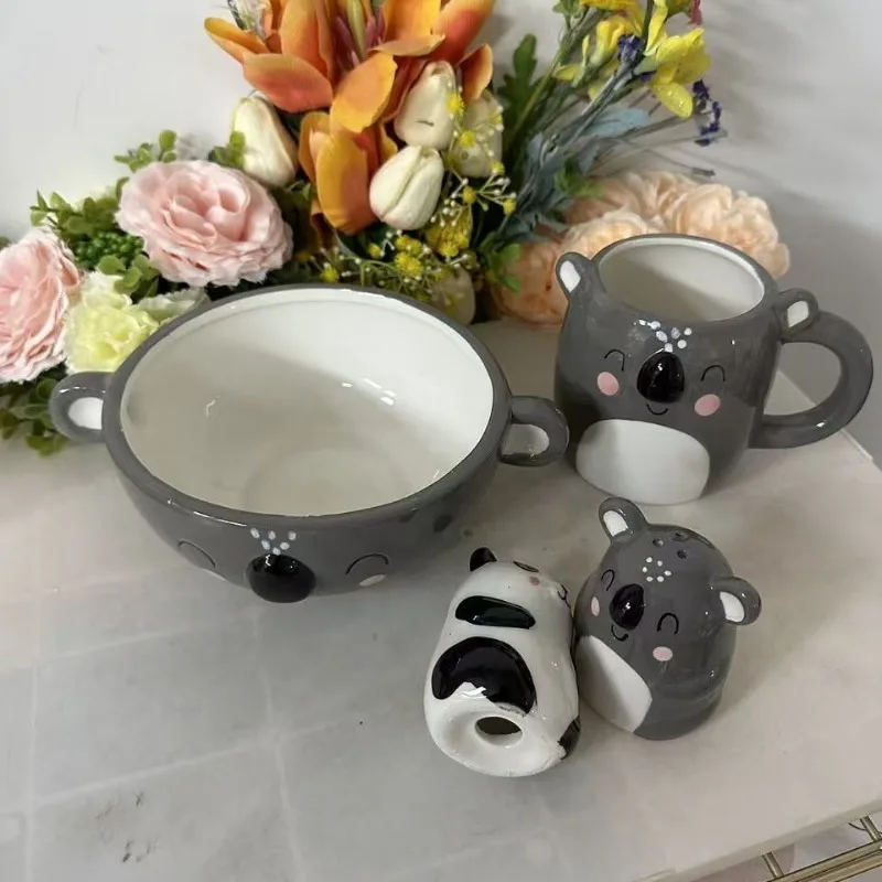 Cute Cartoon Animal Ceramic Tableware,Koala Panda Shaped Bowl Mug Salt Pepper Shaker,Hand Painted Kitchen Dinnerware Decor Gift