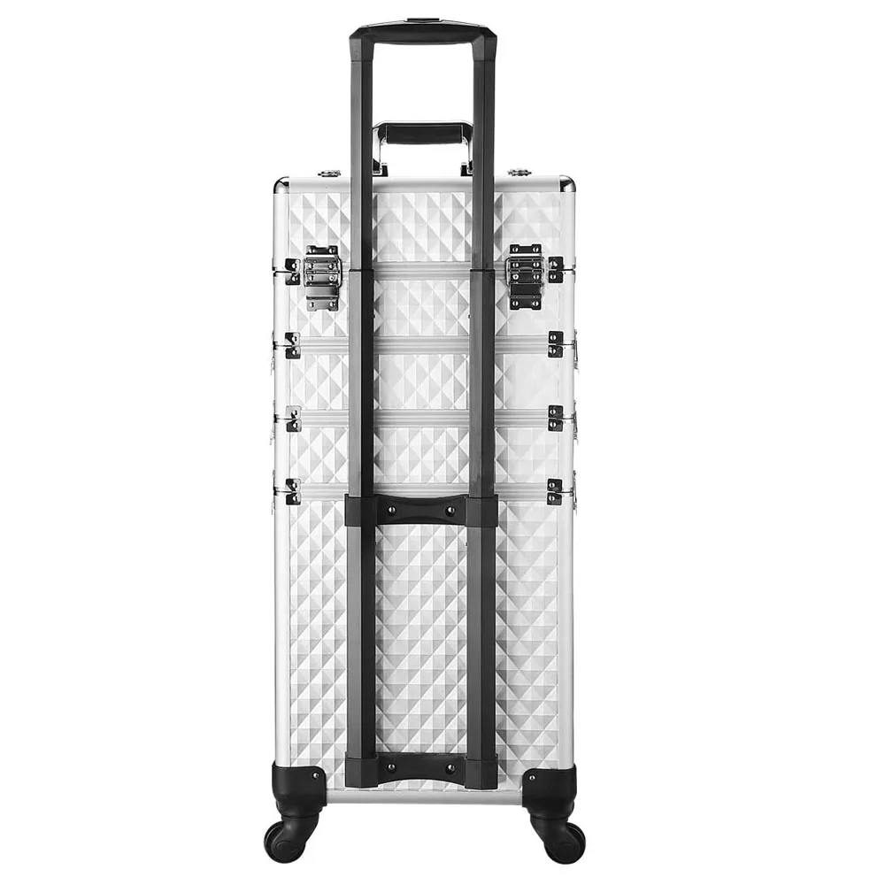 4 in 1 Aluminum Professional Makeup Trolley Case for Artists Beautician Travel Jewelry Train Case w/ 2 Wheels (Diamond Purple)