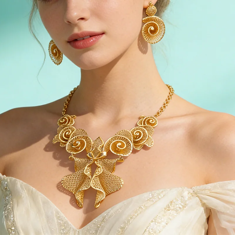 Dubai Design Big Pendant Jewelry Set Women African Luxury Gold Plated Necklace Earrings Bangle Ring 2025 Trend Banquet Jewelry