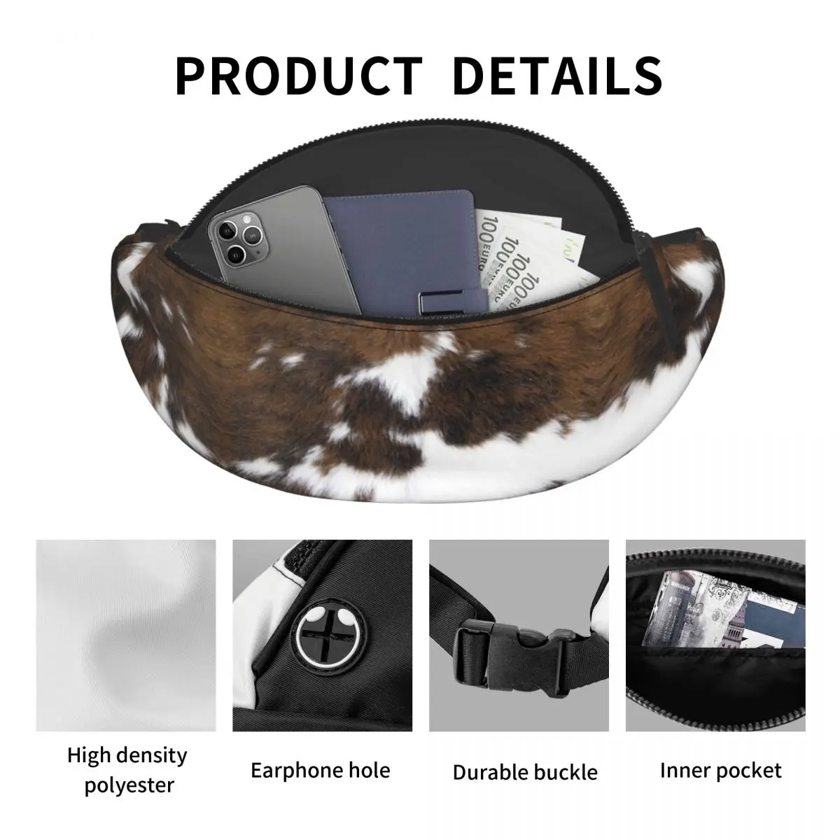 Casual Gesimuleerde Koeienhuid Textuur Fanny Pack Vrouwen Mannen Crossbody Heuptas Voor Wandelen Telefoon Geld Zakje