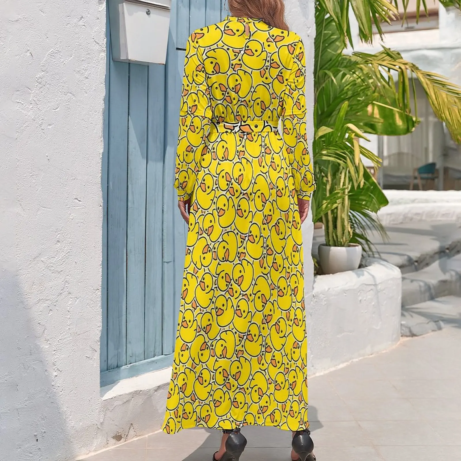 Yellow Rubber Ducks Dress Classic Duck Streetwear Boho Beach Dresses Woman Long Sleeve High Neck Sexy Long Maxi Dress