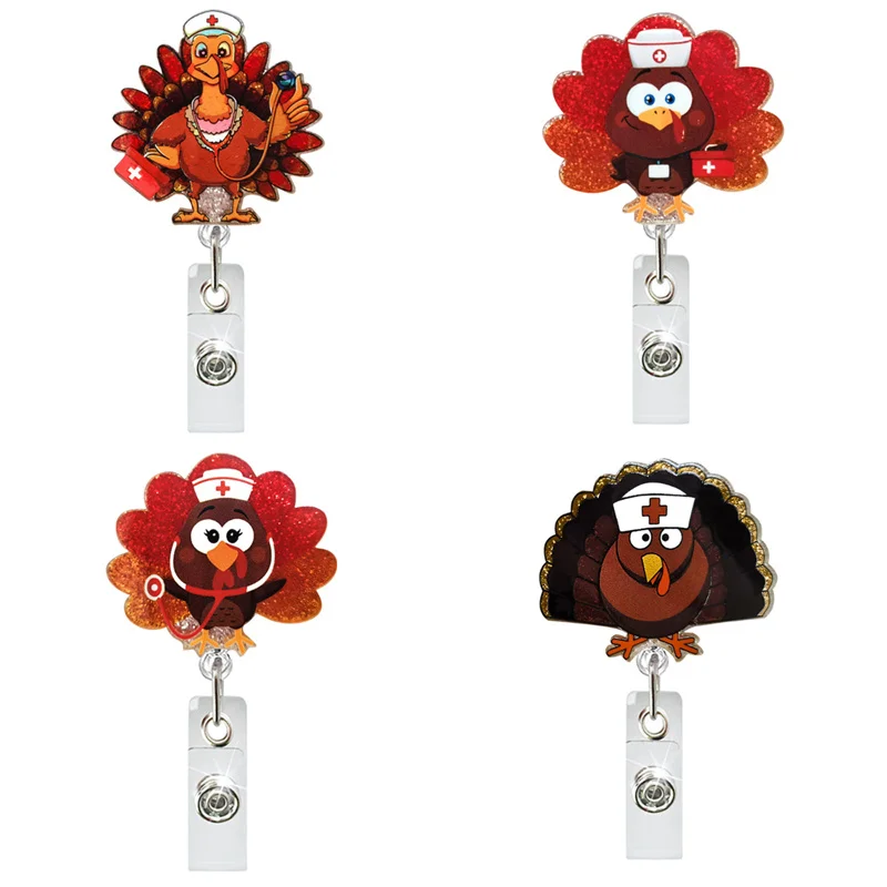 

Glitter Acrylic Thanksgiving Day Cute Turkey Badge Reel Retractable ID Badge Holder 360 Rotating Alligator Clip Name Holder