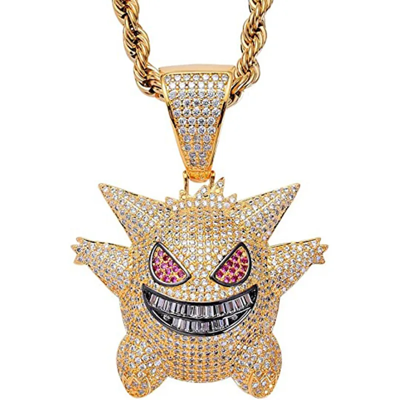 Kawaii Gengar Necklace Hip-Hop Anime Pokemon Diamond Pendant Stainless Steel Twist Chain Boys and Girls Explosive Style Gifts