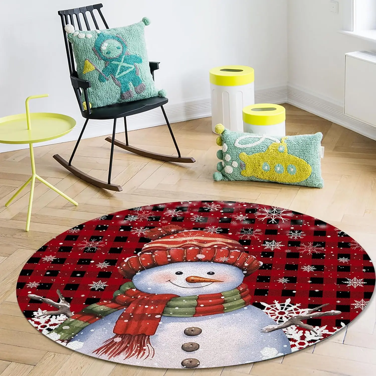 Christmas Snowman Snowflake Plaid Round Area Rug Laundry Non-slip Floor Mat Living Room Sofa Chair Mats Bedroom Bedside Foot Mat