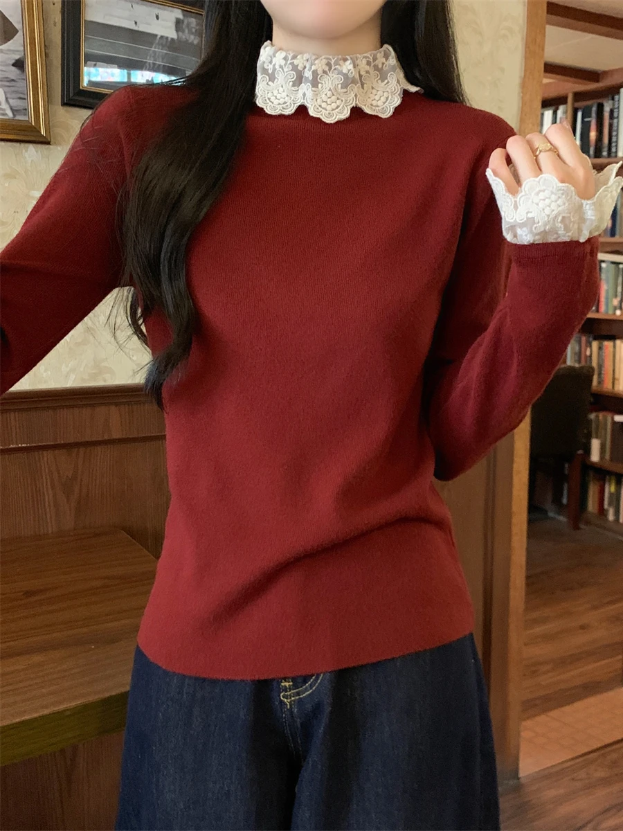 

Корейский вязаный свитер с высоким воротником и кружевом, мягкий облегающий вязаный свитер, женский утягивающий базовый слой, длинный свек, ширина плеча...