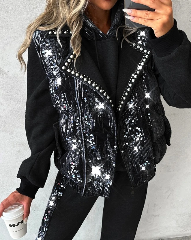 Jacket for Women 2024 Autumn New Winter Clothes Women Contrast Sequin Pearls Decor Vest Puffer Coat Trendy Street Vest Jacket