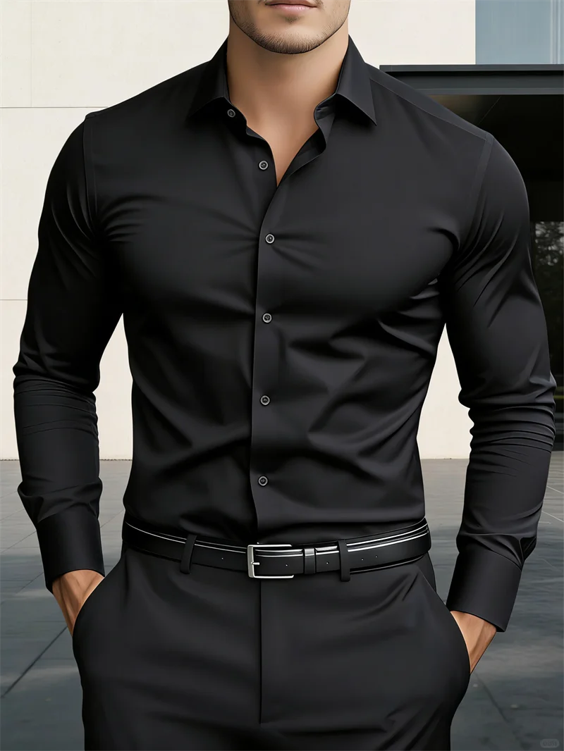 New Men's Formal Long Sleeved Lapel Shirt, New Solid Color Outdoor Men's Fashionable Button Up Shirt Top