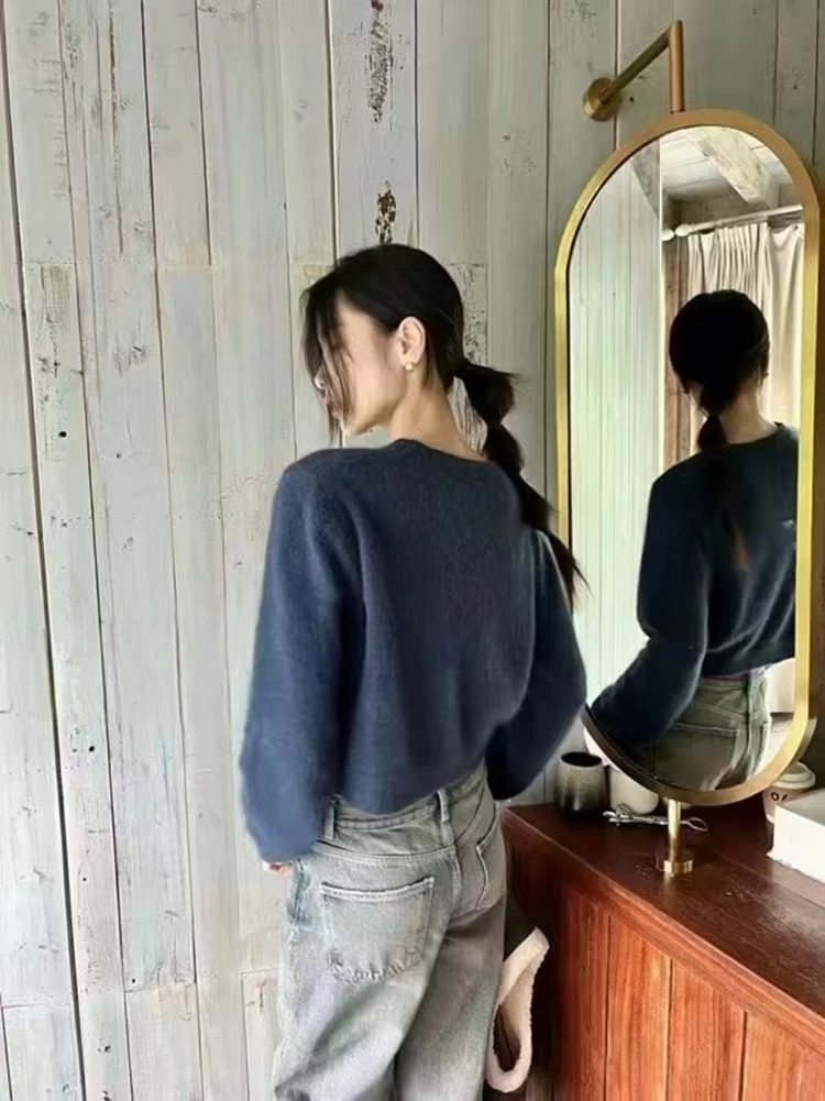 100% Merino Wool Women's Round Neck Short Pullover Loose Autumn Winter Casual Fashion Knitted Cashmere Sweater