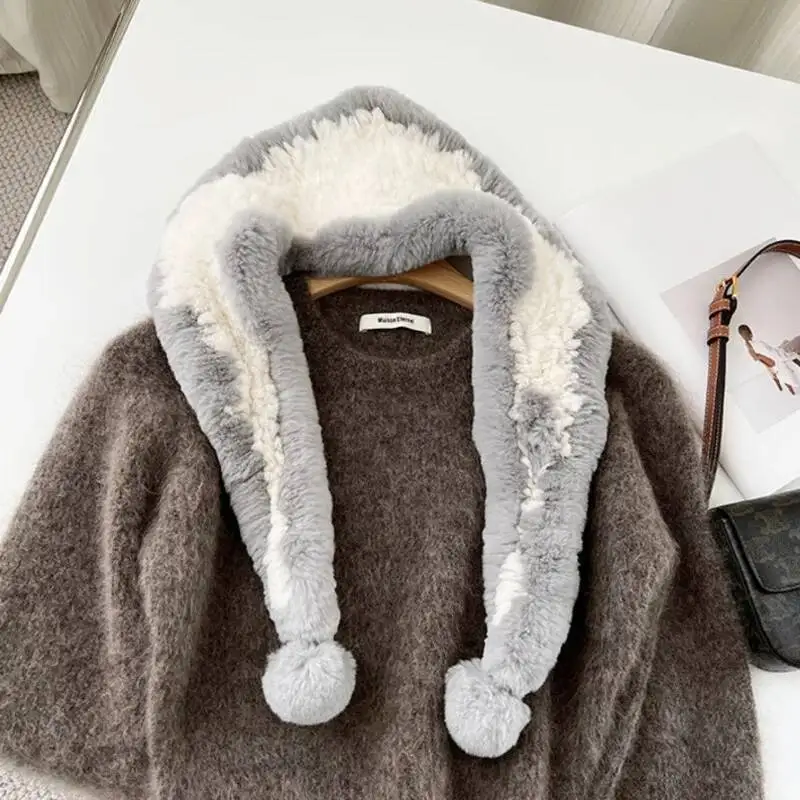 Real Rex Rabbit Fur Scarf Shawl Female Outdoor Neck Warmer Collar Natural Rex Rabbit Fur Pompoms Scarves Handmade Fur Scarf Lady