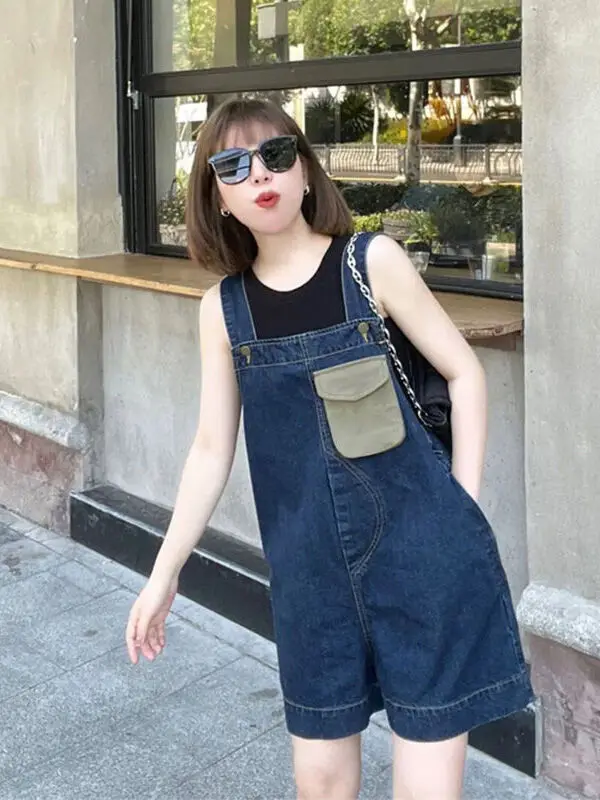 Slimming Design Denim Overalls Women's Summer Thin Large Size Faionable orts Sister in plus Size One-Piece Suit