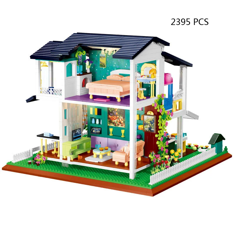 

Creative City Street View Double-deck Sunshine Villa Mini Block Streetscape Building Brick Family Home House Figures Toys