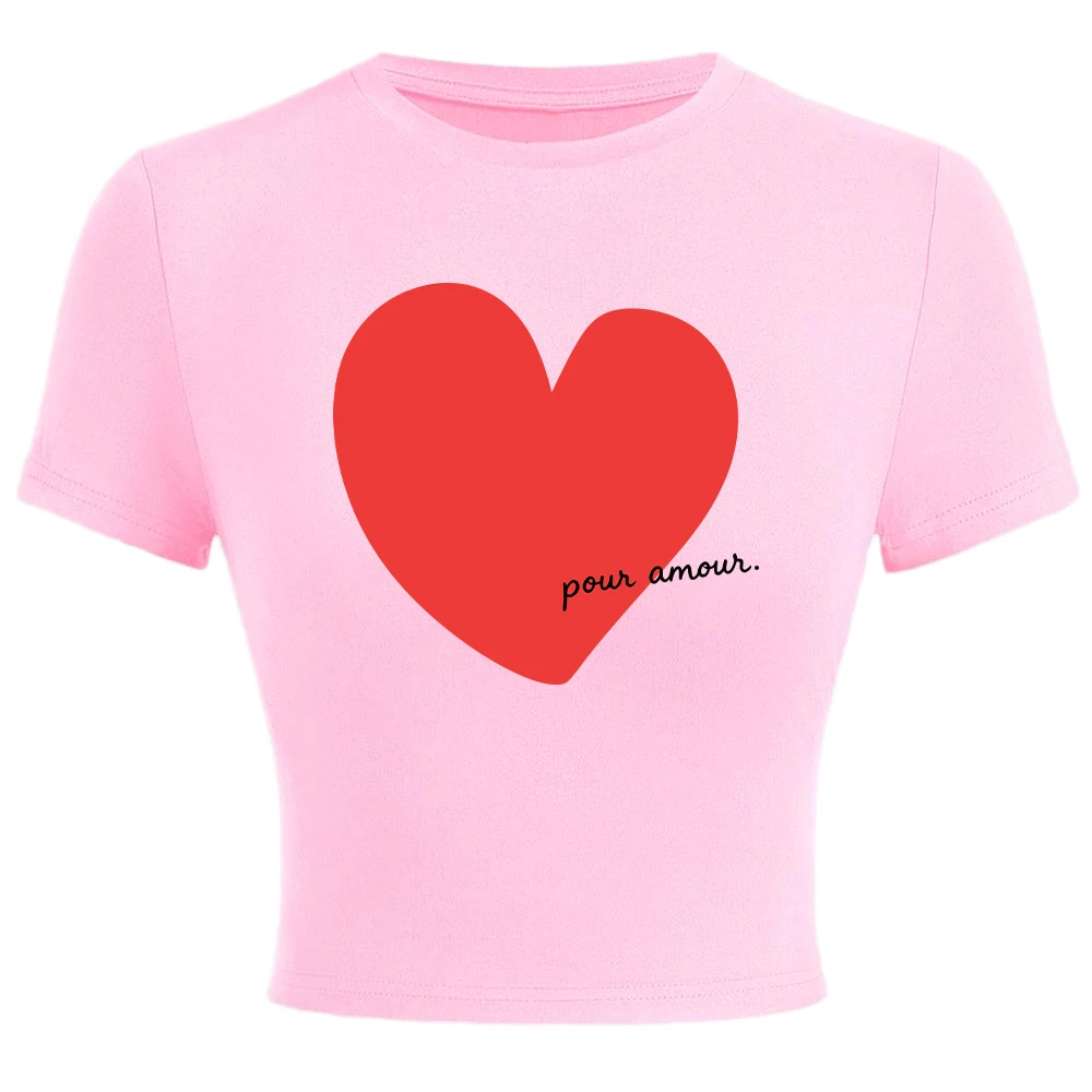 Pour Amour Heart Prints Womens Crop Tops Summer Soft High Elastic Streetwear Sexy Y2K Slim T Shirts Comfortable O-Neck Clothes