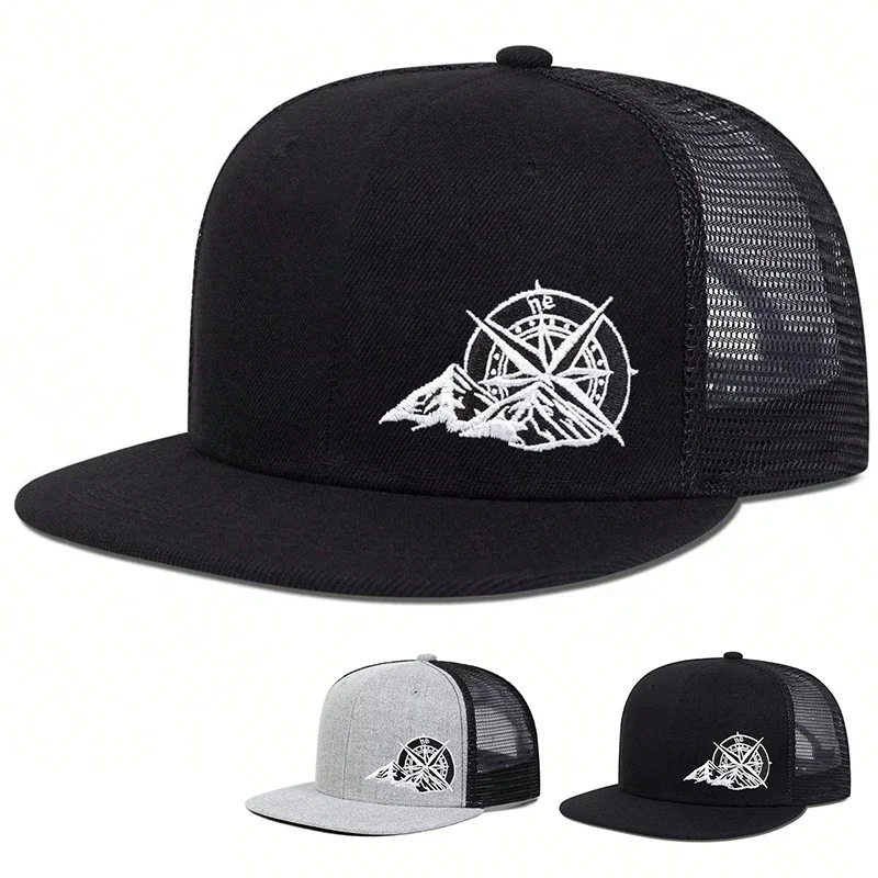 Unisex-Kompass-Berg-Stickerei Hip-Hop-Netzhüte Frühling Sommer Outdoor Verstellbare Sport-Freizeit-Baseballkappen Sonnenschutzhut