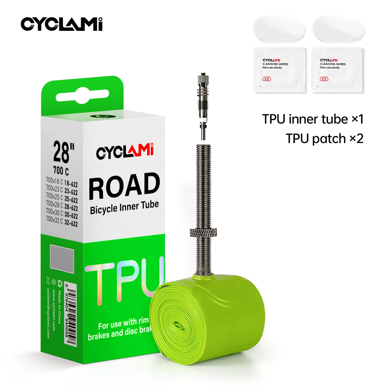 CYCLAMI Abnehmbarer Luftventilkern TPU Road Inner 700c Schlauch Fahrrad Rennrad Ultraleichtes TPU-Material Reifen Französisches Ventil 45 60 80 mm