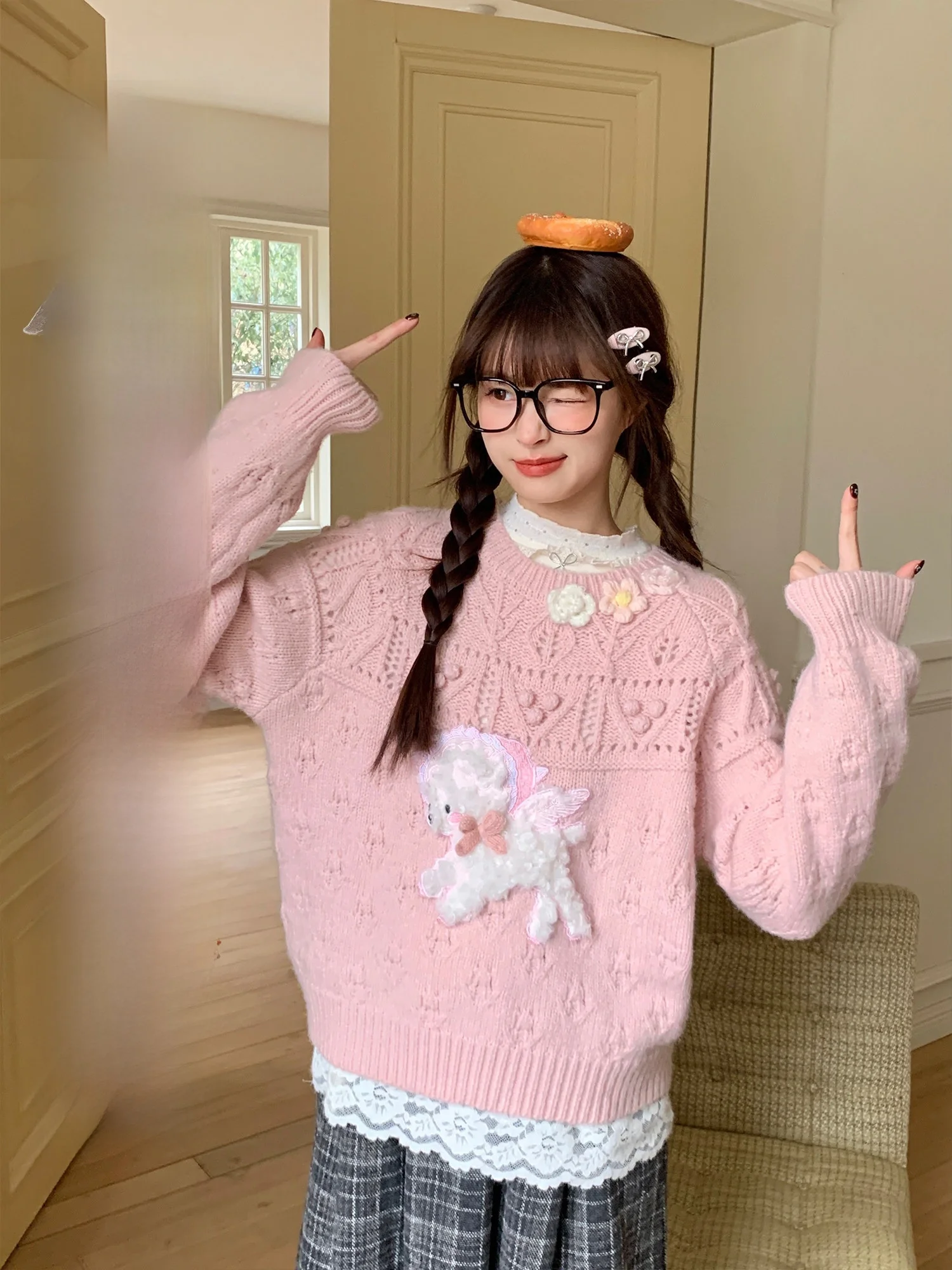 

Sweet Pink Lamb Tee Flowers Knitted Sweater BibiBency Spring 2026 Adorable Sle Loose Fit Soft Knitwear for Girls