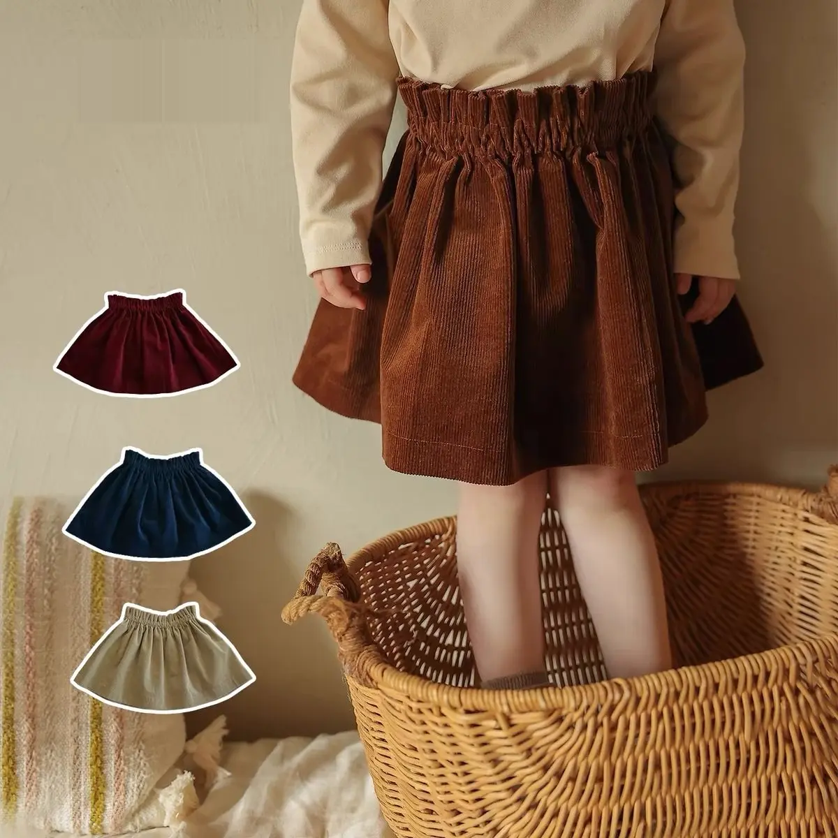 Falda y pantalones de pana para bebé, falda cómoda y versátil a la moda con forro polar para otoño e invierno, falda para niños