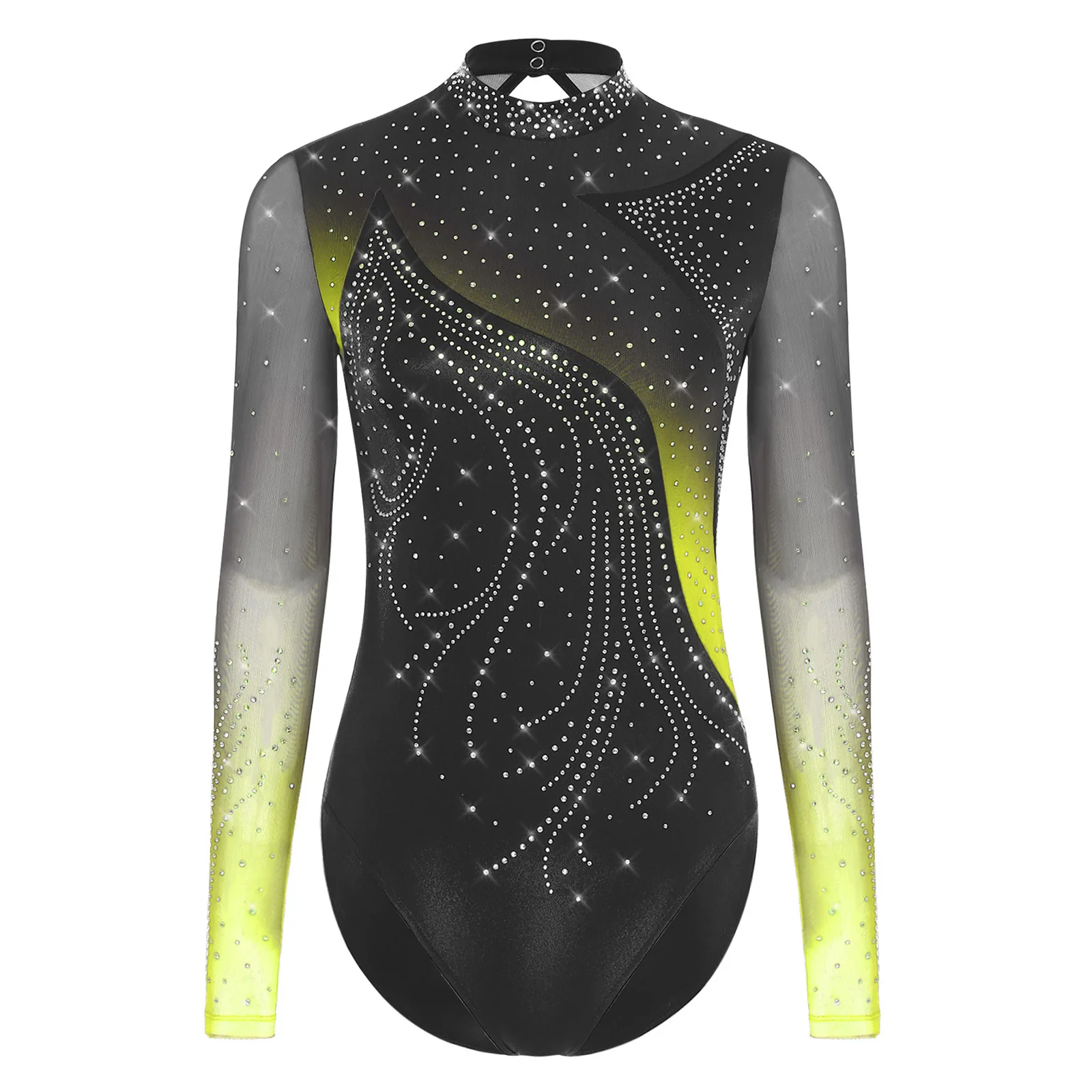 Damen-Gymnastik-Trikot, Ballett, Eiskunstlauf, Training, Tanzbekleidung, Strass, langärmelig, stromlinienförmiger Spleiß, ausgehöhlter Body