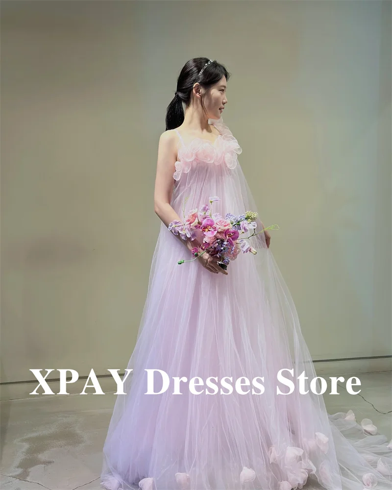 

XPAY Lavender Tulle Wedding Party Dresses Korea Photo shoot 3D Flowers Elegant Straps Formal Prom Gowns Customized Garden