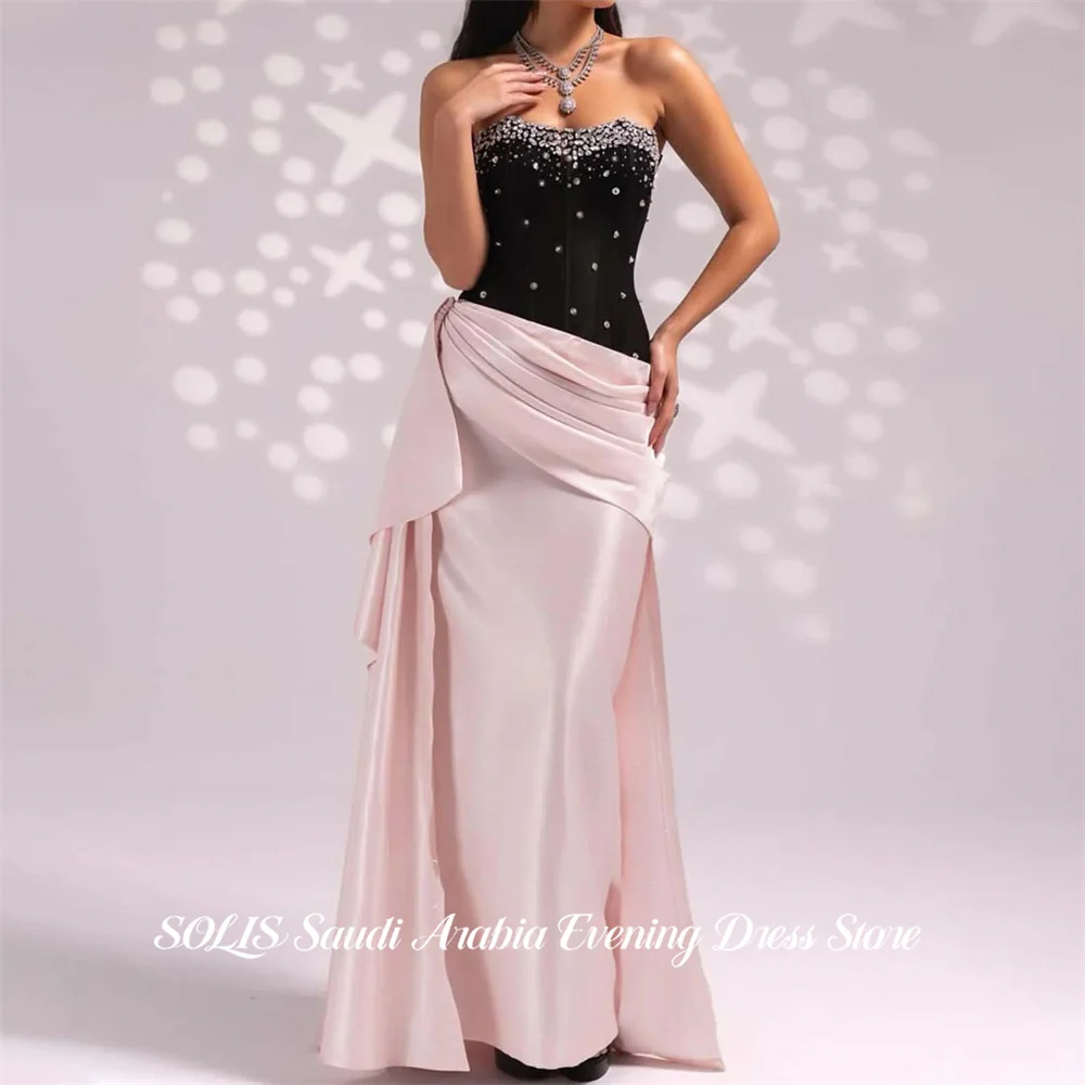 

SOLIS Black and Pink Evening Dress Strapless Party Dress with Crystal vestidos de fiesta Pleated Prom Gowns Simple Customized