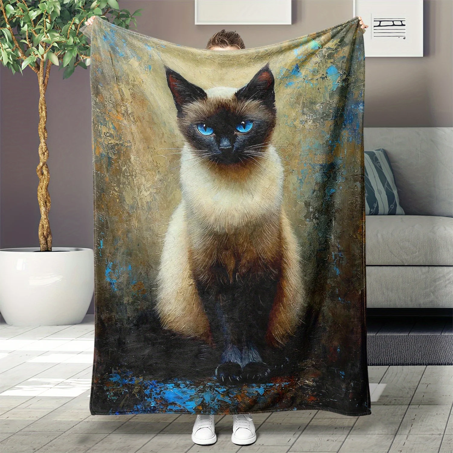 Siamese Cat Print Fleece Throw Blanket, Mixed Colors, Knitted Polyester, Digital Print,Versatile for Home, Beach, Camp, Sofa