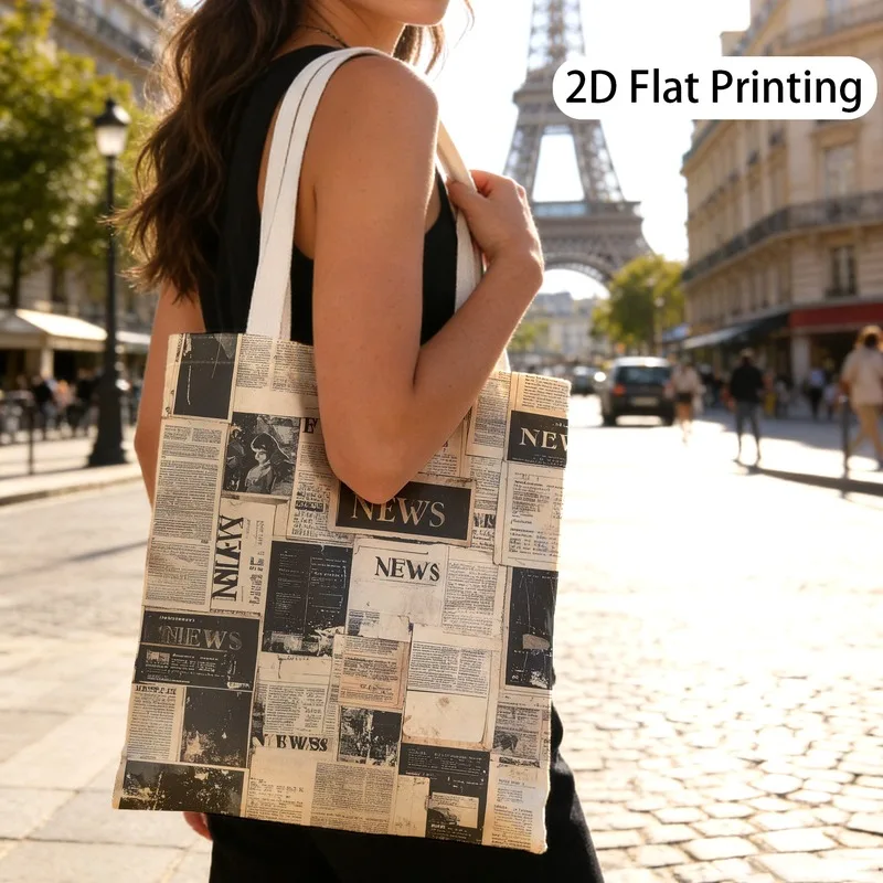 1pc Vintage Newspaper Collage Themed Printed Tote Bag, Reusable Shopping Bag, Suitable for Daily Use, Shopping, School, Travel