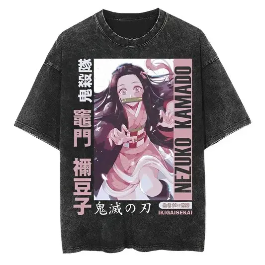 

Новая летняя футболка 2026 Demon Slayer Kimetsu No Yaiba для мужчин и женщин, с коротким рукавом, с аниме-принтом, эффект потертости, уличная одежда Y2K